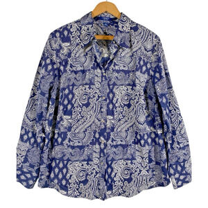 Chaps Ralph Lauren Shirt 1X Blue & White Paisley Bandana Print Button Up Preppy